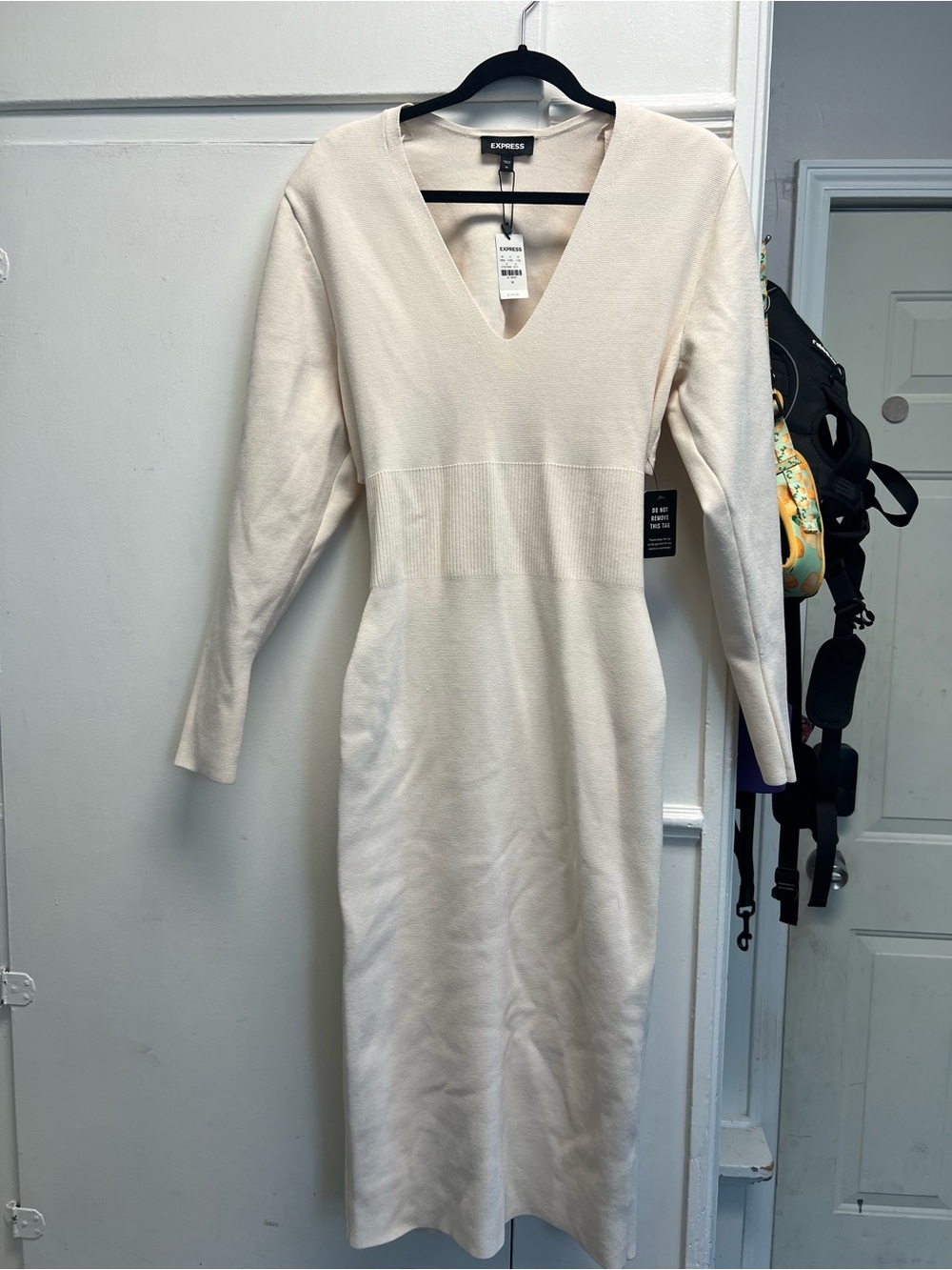 Express Cream V-Neck Midi Long-Sleeve Knit Dress